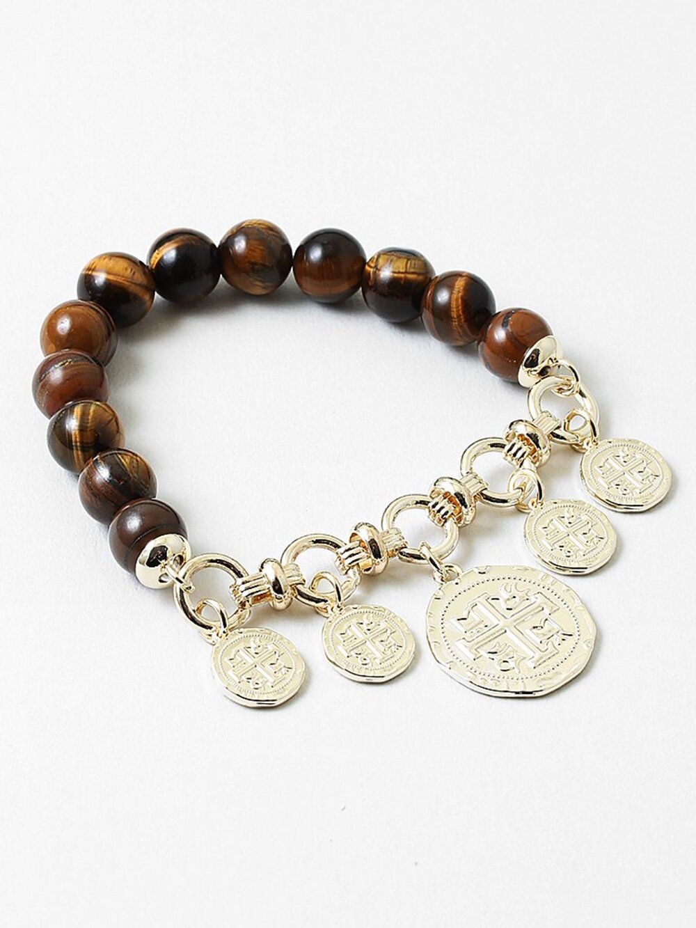Catholic Religious St Benedict Protection Tiger Eye Stone Bead Charm Bracelet